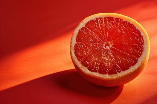 Sunlit grapefruit halves on red surface with background flare