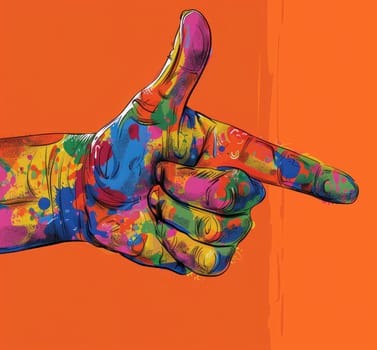 Abstract hand painting pointing at vibrant orange background with splatters of paint creative art concept for beauty and design industry