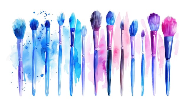 Watercolor brushes set in blue and pink for artistic creations, isolated on white background