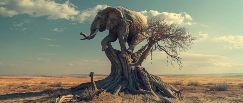 Desert expedition majestic elephant standing on a dead tree in the middle of arid landscape