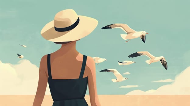 Woman in hat watching seagulls flying in the sky during a relaxing travel trip