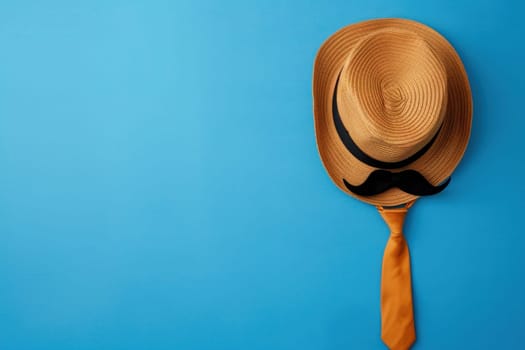Stylish mustache hat and tie hanging on blue background symbolizing business fashion trend