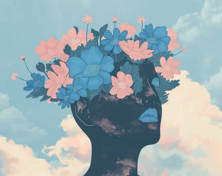 Woman with flowers adorned head against blue sky with clouds beauty and nature concept in travel and fashion industry