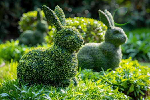 Topiary rabbits relaxing in lush green grassy meadow with traveling business partners ultimate garden display concept