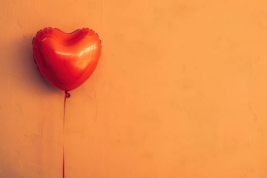 Red heartshaped balloon hanging on wall in front of orange wall in a romantic love heart art display????beauty and love display with heart balloon on orange wall????heart shaped balloon hanging in a