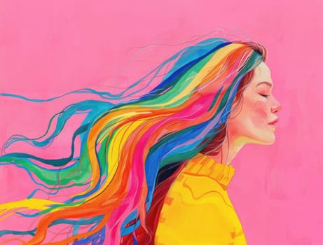 Colorful wind of beauty a woman with long hair and rainbow colors in artistic painting