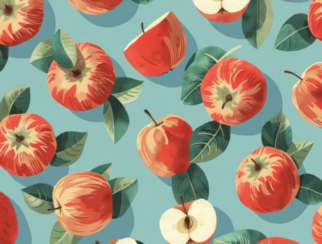 Seamless pattern with red apples and leaves on a light blue background for kitchen and cooking enthusiasts