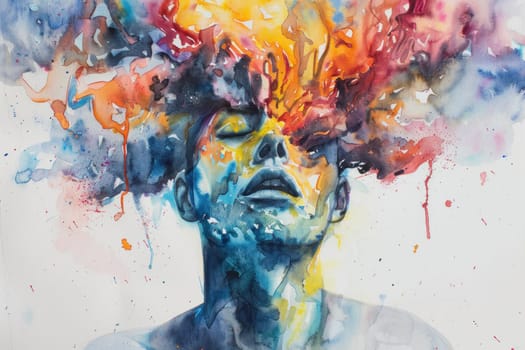 Colorful splattered man with woman's face in background an artistic exploration of beauty and emotion