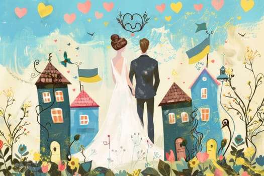 Romantic wedding couple standing in front of heartdecorated house with flags, blue sky and clouds love, celebration, relationships
