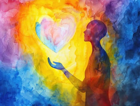 Love and hope watercolor painting of person holding heartshaped object on colorful background, art, beauty, emotions