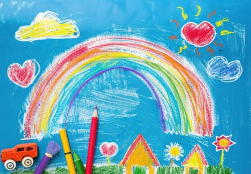 Child's drawing of rainbow and house on blue background with crayons and colored pencils for art and creativity theme