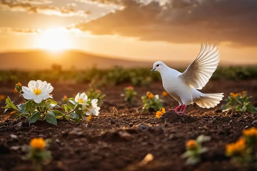 Dove of Peace Sitting on the Earth at Sunset. High quality photo. White dove in the rays of the setting sun among white flowers