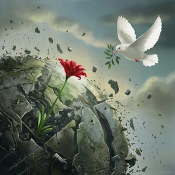 The dove of peace flies over the earth. High quality photo. A land destroyed by wars. The red flower of war. White Dove of Peace