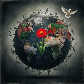 The dove of peace flies over the earth. High quality photo. The Earth suffers from wars. Red flower the color of blood