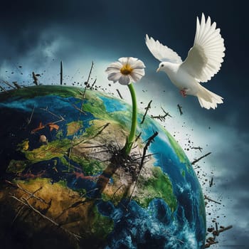 The dove of peace flies over the earth. High quality photo. Destroied Eath. War and Peace