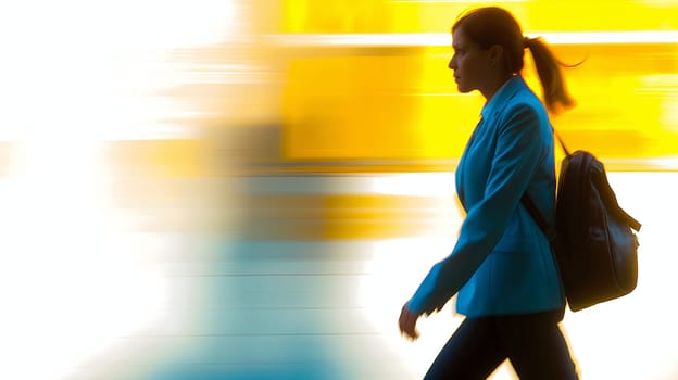 A blur of a woman in a blue blazer and carrying a backpack strides forward against a vibrant, abstract urban backdrop, suggesting movement and the bustle of city life - Generative AI