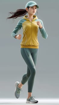 A young woman with a ponytail, wearing a cap, running jacket, and leggings, is captured mid-stride while jogging - Generative AI