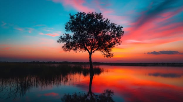 A solitary tree stands reflected in the calm waters of a lake under a vividly colored sunset sky - Generative AI