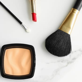 Make-up and cosmetics on marble, flatlay - modern feminine lifestyle, vlog background and styled stock concept. Beauty inspiration in a fashion blog