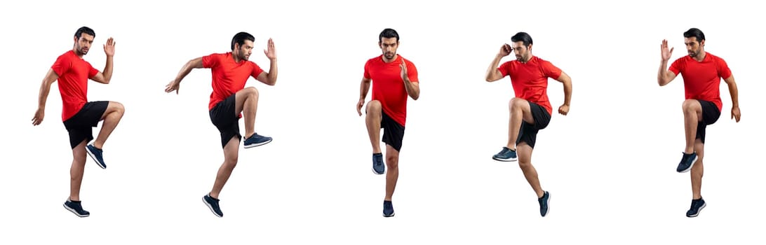 Healthy and active young man in sportswear with different professional fitness posture set of cardio training. Cardio running exercise on isolated background in gaiety full body length shot.