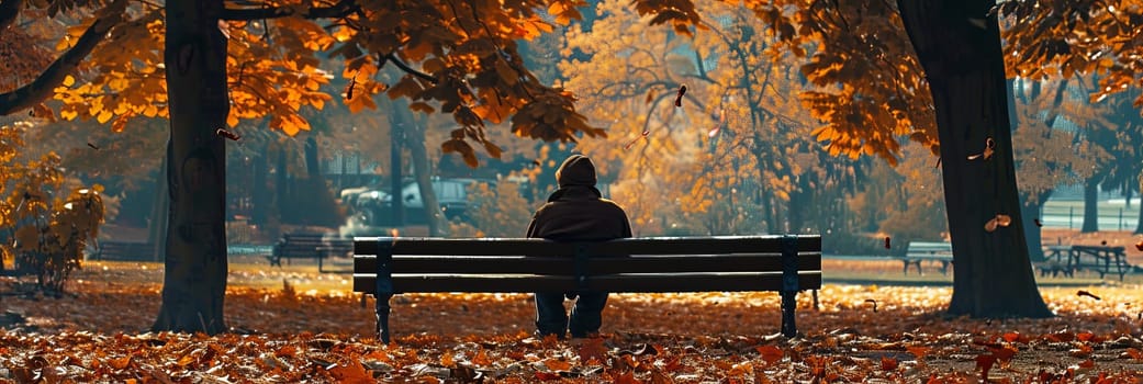 A person sits alone on a park bench, their back to the camera, surrounded by fallen leaves. A single beam of light shines through the trees, illuminating the figure.