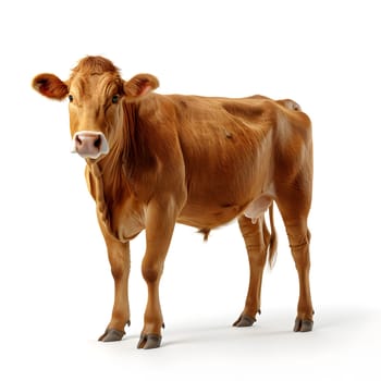 A bovine dairy cow with a fawncolored coat, snout, and tail is standing on a white background. The terrestrial animal is looking directly at the camera