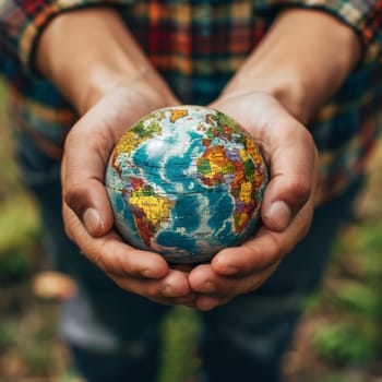 Man hands holding planet earth in his hands as concept of awareness and environment protection.