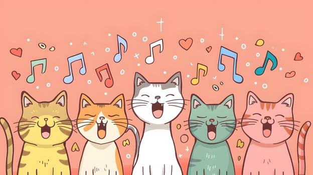 A group of Felidae, small to mediumsized cats, are singing together with music notes coming out of their mouths. Their whiskers twitch in excitement, showcasing their Carnivore nature