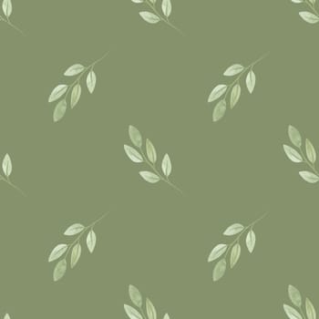 Cute spring soft green twigs with leaves in sketch style. Seamless watercolor pattern for fabric, wallpaper, wrapping paper, packaging cosmetics, tablecloths, curtains and home textiles