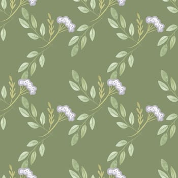 White oregano and soft green branches with leaves. Seamless watercolor pattern for fabric, wallpaper, wrapping paper, packaging cosmetics, tablecloths, curtains and home textiles