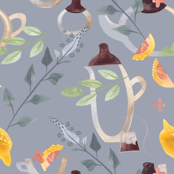 Herb tea. Melissa, mint, glassware, leaves and lemon slices. Seamless watercolor pattern for fabric, wallpaper, wrapping paper, packaging cosmetics, tablecloths, curtains and home textiles