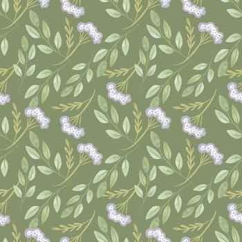 White oregano and soft green branches with leaves. Seamless watercolor pattern for fabric, wallpaper, wrapping paper, packaging cosmetics, tablecloths, curtains and home textiles