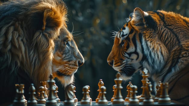 Lion and tiger playing chess with gold and silver, Business rivalry, Strategic encounter.