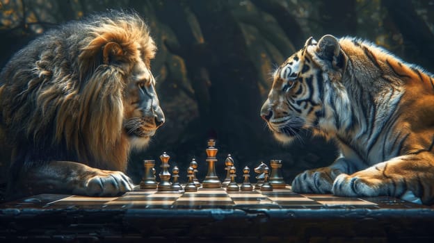 Lion and tiger chess showdown with gold and silver pieces, Strategic business rivals.