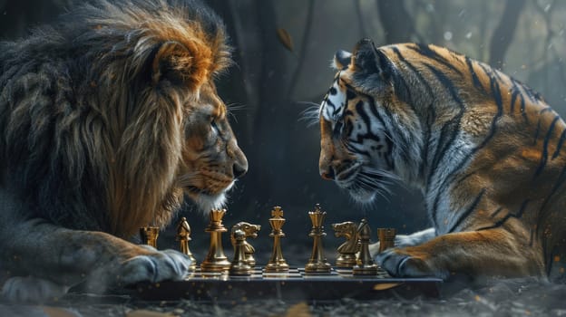 Lion and tiger chess showdown with gold and silver pieces, Strategic business rivals.