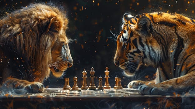 A lion and a tiger in chess battle of business dominance, Strategic encounter, Business strategy concept.