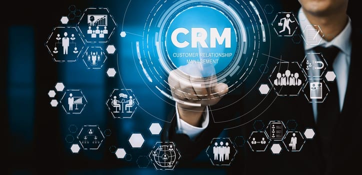 CRM Customer Relationship Management for business sales marketing system concept presented in futuristic graphic interface of service application to support CRM database analysis. uds