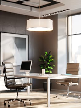 A renovated modern office space features new furniture, fresh paint, and updated lighting, creating a stylish and functional work environment.