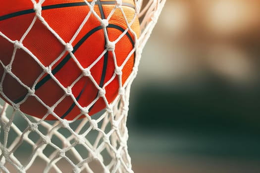 basketball ball in a hoop net close-up, copy space.