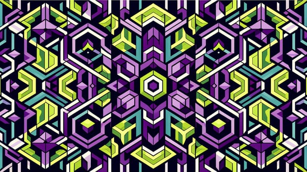 a geometric pattern in purple and lime green tones.