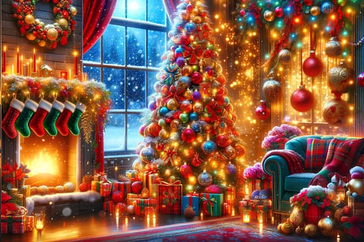 Festive and bright New Year background, beautifully decorated living room with fireplace with sparkling lights and Christmas tree.