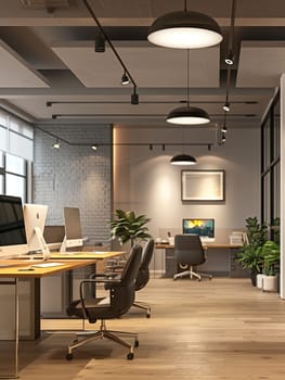 A modern office space undergoes renovation, showcasing new furniture, fresh paint, and updated lighting. The sleek design creates a stylish and functional work environment.