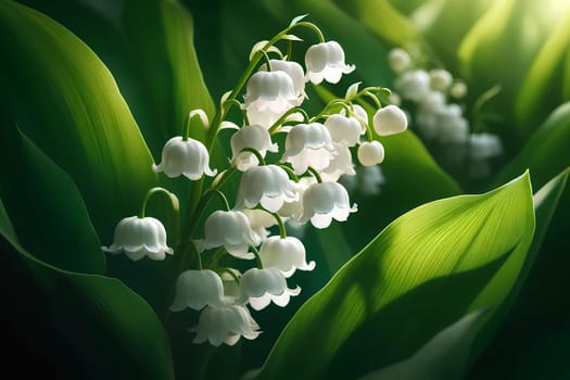 blooming white lily of the valley flowers close-up on a bright day