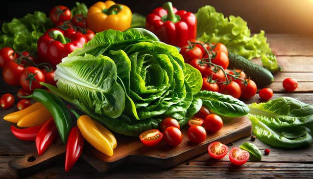 fresh green Romaine lettuce leaves, several cherry tomatoes, and colorful bell peppers arranged on a wooden table.