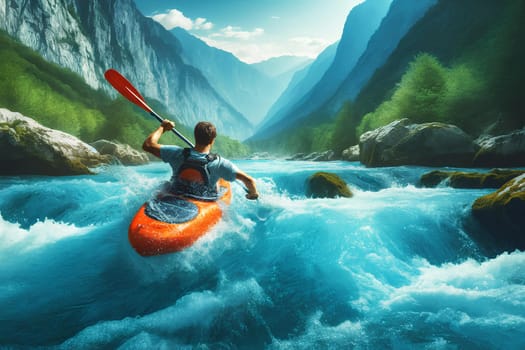 man kayaking down a mountain river, rear view.