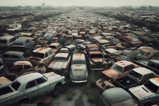 abandoned junkyard filled with old rusting cars.