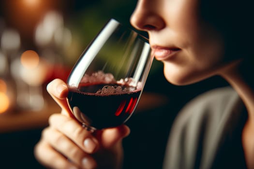 a woman drinking red wine, close-up.