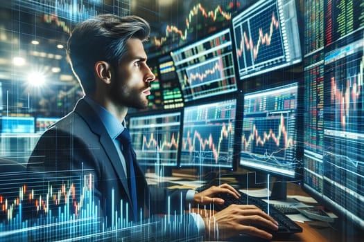 a stockbroker looking at multiple trading screens or electronic tickers.