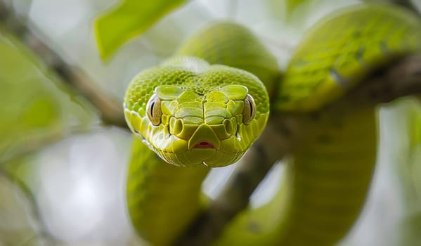 Close-up of an elegant lime green snake slithering through the branches of a tropical tree. AI generated.