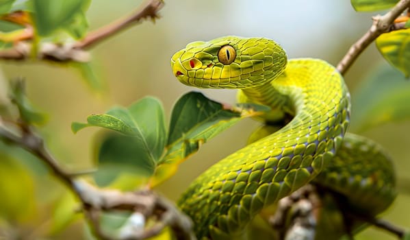 Close-up of an elegant lime green snake slithering through the branches of a tropical tree. AI generated.